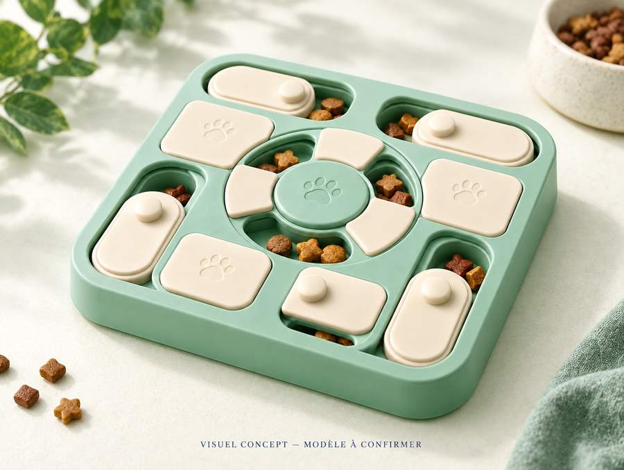 Puzzle à friandises pour chat DEENII — détail illustratif ; visuel concept, modèle à confirmer.