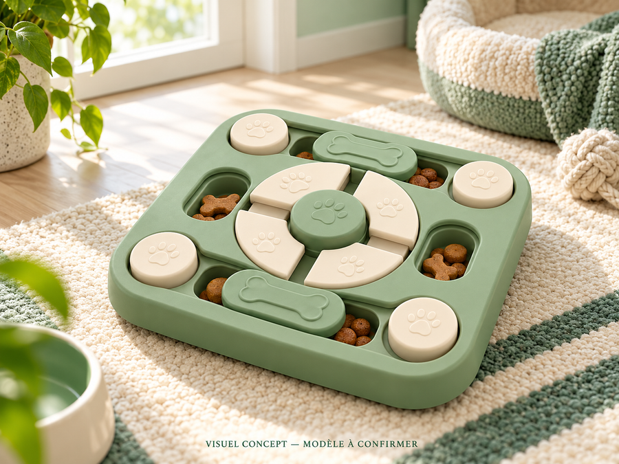 Puzzle à friandises pour chien DEENII — situation ; visuel concept, modèle à confirmer.