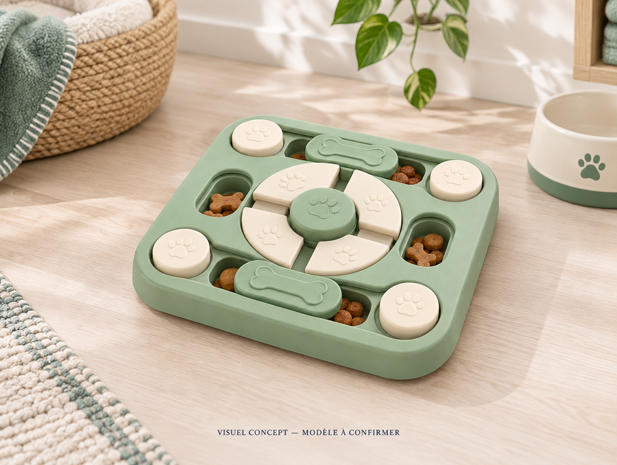 Puzzle à friandises pour chien DEENII — mise en situation illustrative ; visuel concept, modèle à confirmer.