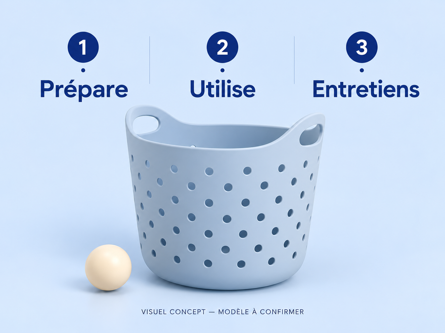 Rangement pour jouets de bain DEENII — gestes ; visuel concept, modèle à confirmer.