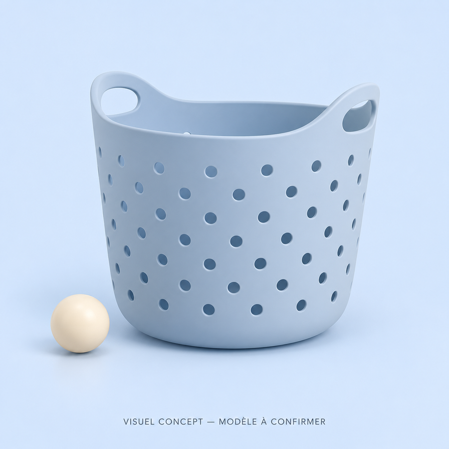 Visuel concept — Rangement pour jouets de bain DEENII ; modèle fournisseur à confirmer.