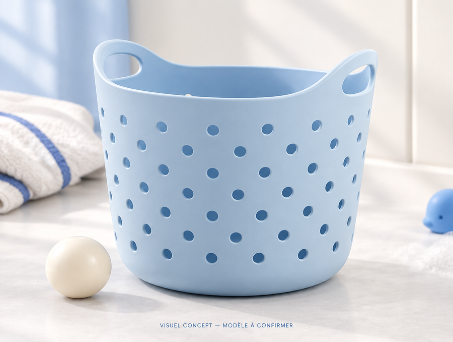 Rangement pour jouets de bain DEENII — détail illustratif ; visuel concept, modèle à confirmer.