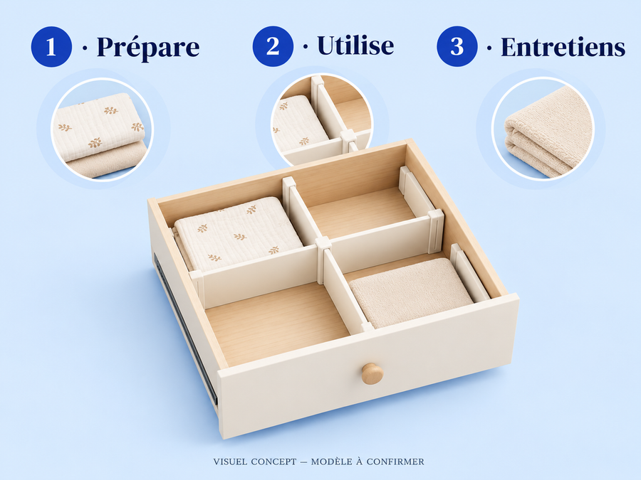 Séparateurs de tiroirs pour bébé DEENII — gestes ; visuel concept, modèle à confirmer.