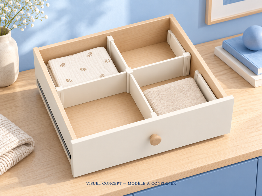 Séparateurs de tiroirs pour bébé DEENII — rangement ; visuel concept, modèle à confirmer.