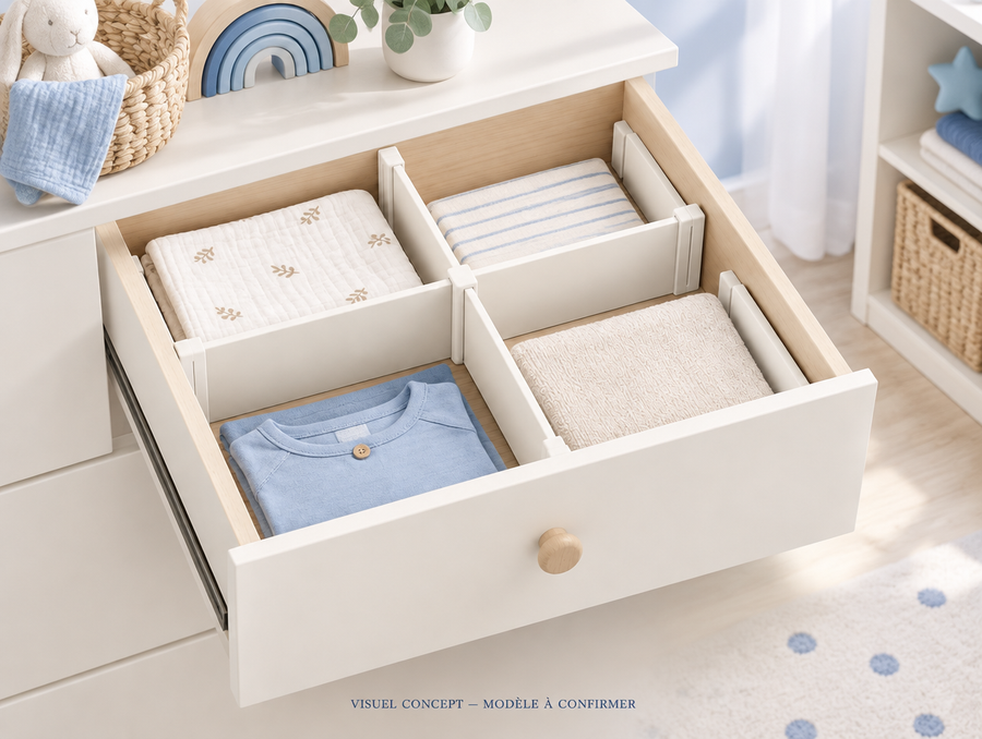 Séparateurs de tiroirs pour bébé DEENII — mise en situation illustrative ; visuel concept, modèle à confirmer.