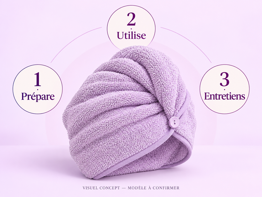 Serviette pour cheveux DEENII — gestes ; visuel concept, modèle à confirmer.