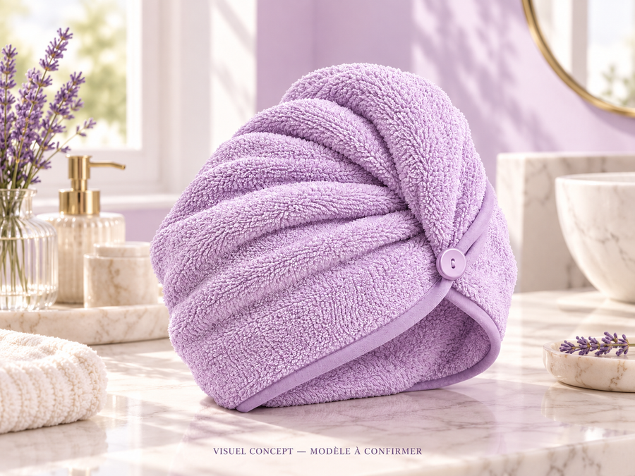 Serviette pour cheveux DEENII — situation ; visuel concept, modèle à confirmer.