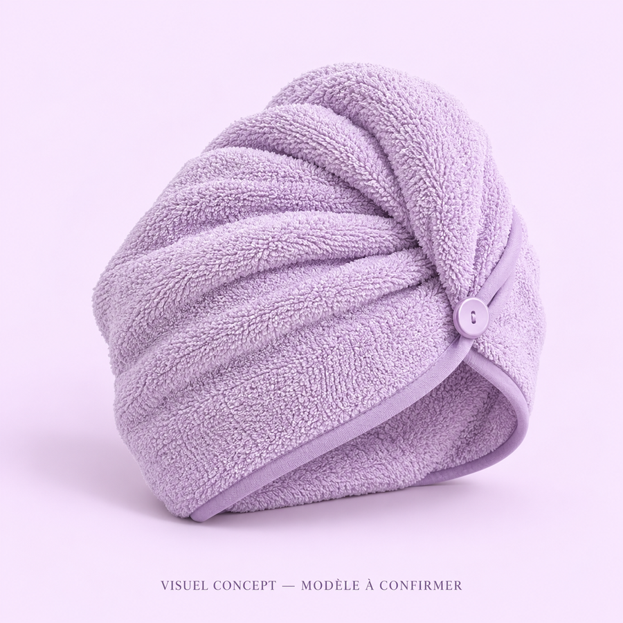 Visuel concept — Serviette pour cheveux DEENII ; modèle fournisseur à confirmer.