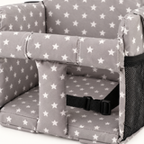 Vue rapprochée du tissu gris à étoiles, de l’assise rembourrée et d’une sangle du siège DEENII