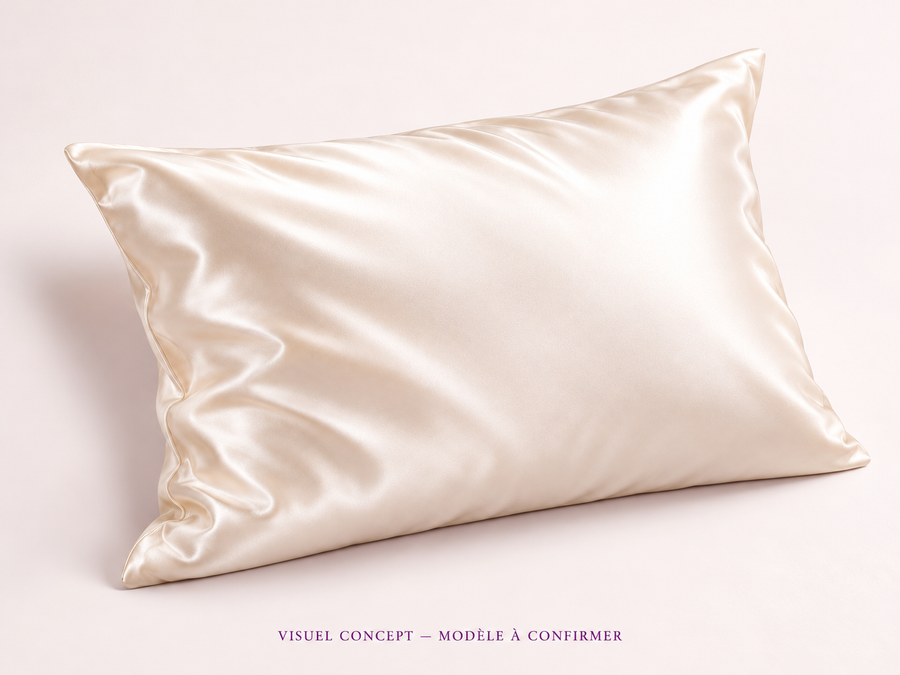 Taie d’oreiller en satin DEENII — vue ; visuel concept, modèle à confirmer.