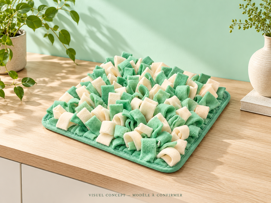 Tapis de fouille pour chien DEENII — rangement ; visuel concept, modèle à confirmer.