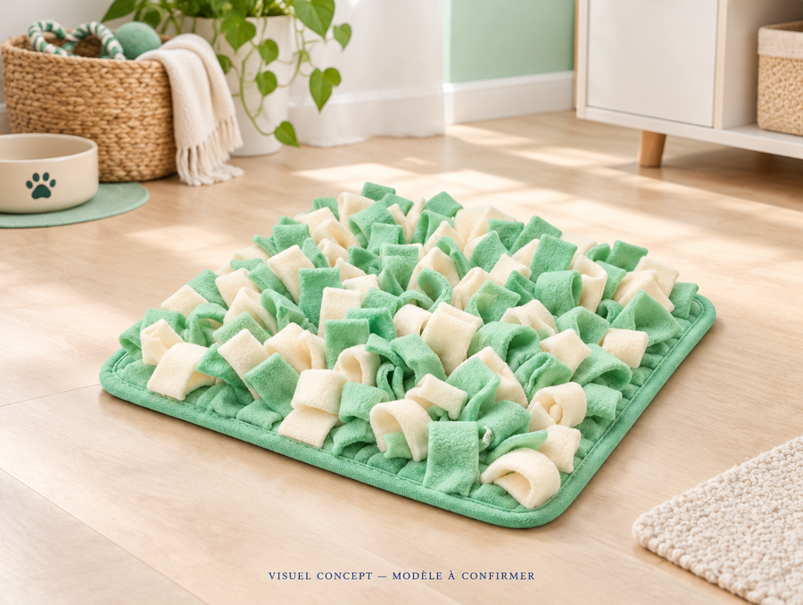 Tapis de fouille pour chien DEENII — mise en situation illustrative ; visuel concept, modèle à confirmer.