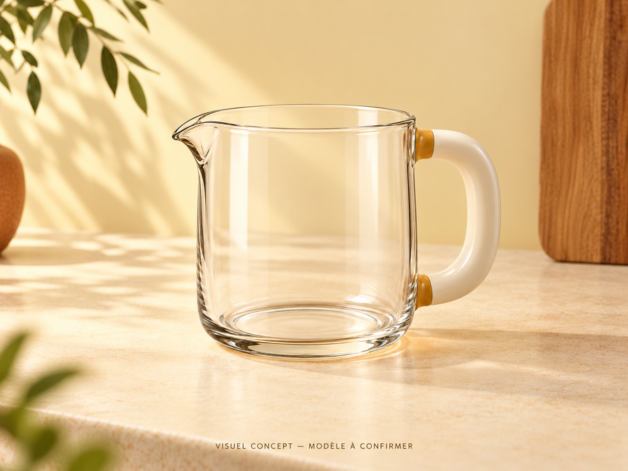 Verre doseur DEENII — rangement ; visuel concept, modèle à confirmer.