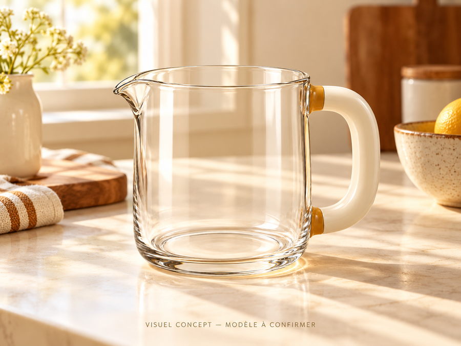Verre doseur DEENII — situation ; visuel concept, modèle à confirmer.