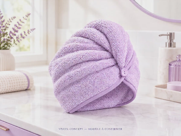 Serviette pour cheveux DEENII — animation illustrative, modèle fournisseur à confirmer.